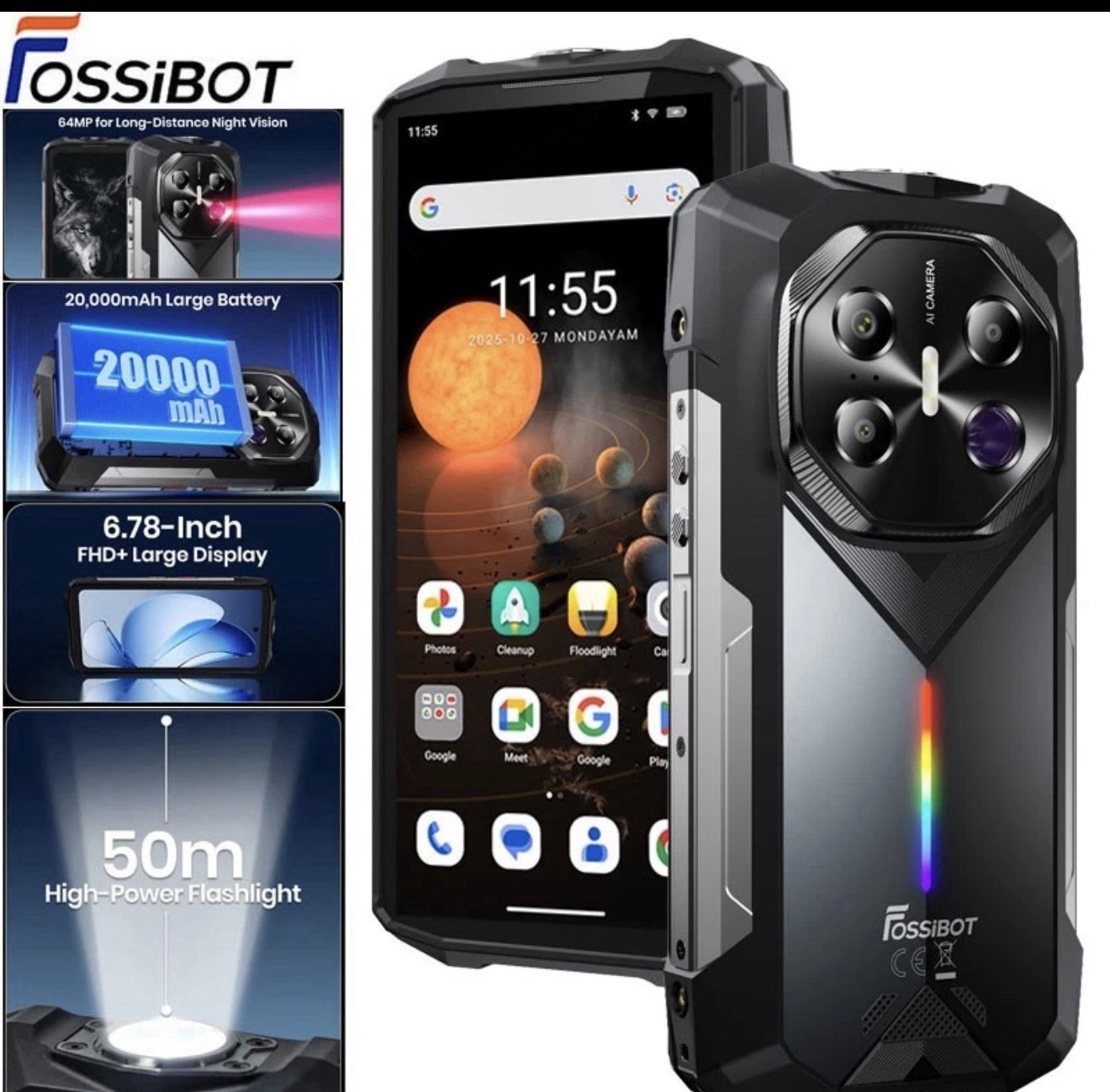 6.78″ FOSSiBOT F113 5G Rugged Smartphone Android 15 Night Vision Outdoor 36+256G