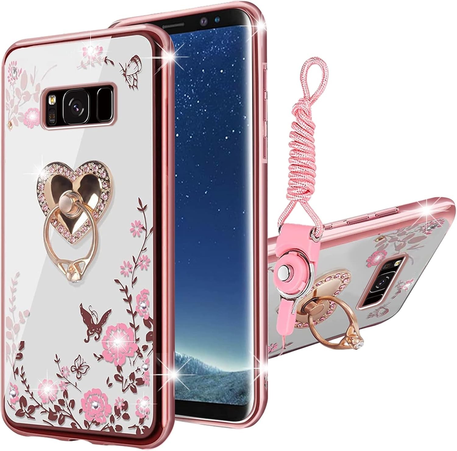 For Samsung Galaxy S8 Plus Case Bling Glitter Phone Cover + Ring Stand-Rose Gold