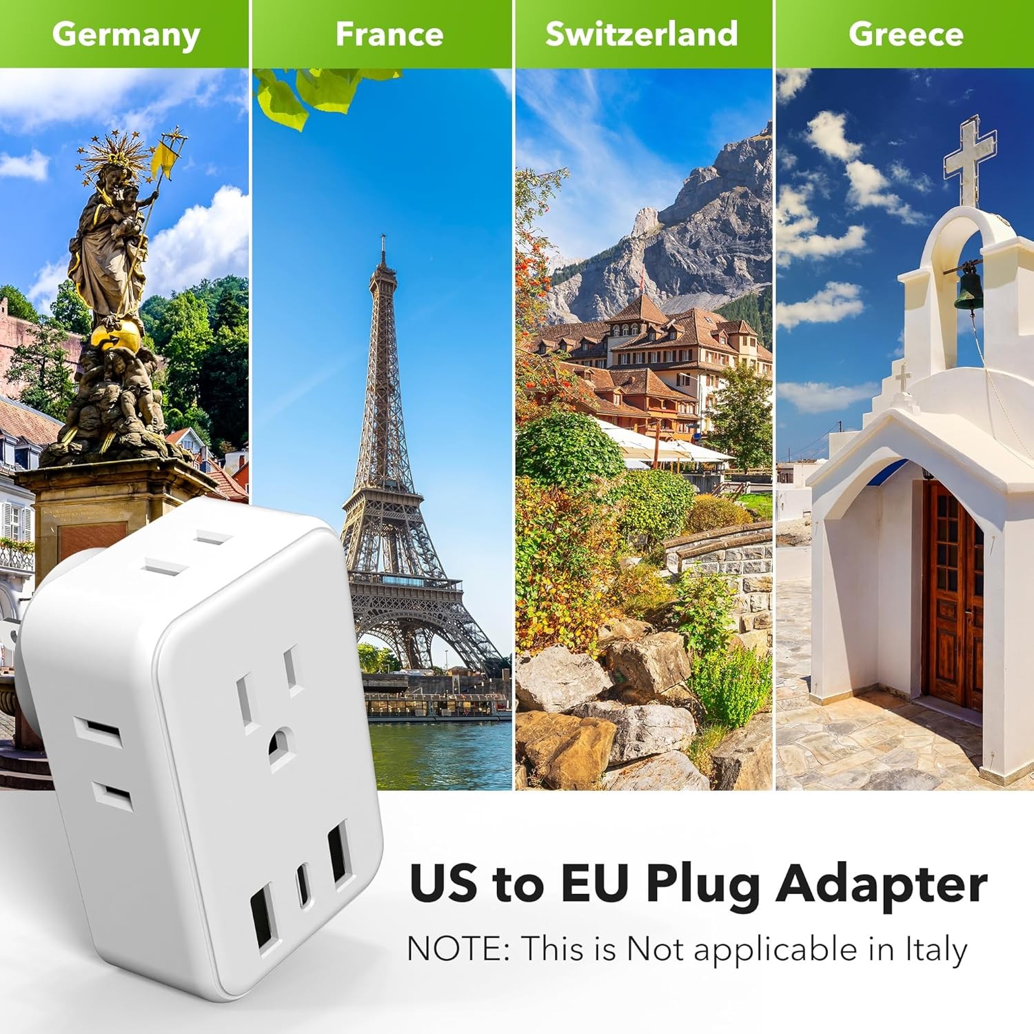 European Travel Plug Adapter, Type C Power Plug Adapter with 4 AC Outlets and 3