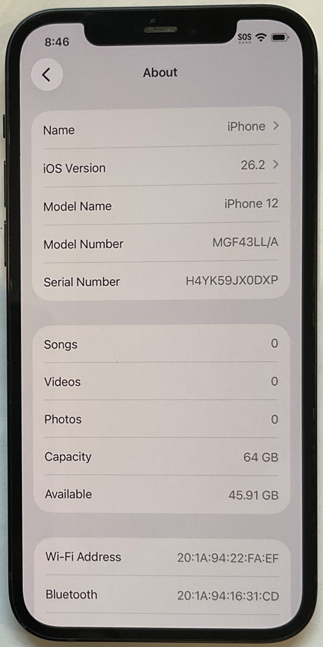 USED BLACK GSM UNLOCKED iPhone 12, 64GB A2172 MGF43LL/A WITH 88% BATTERY HEALTH.