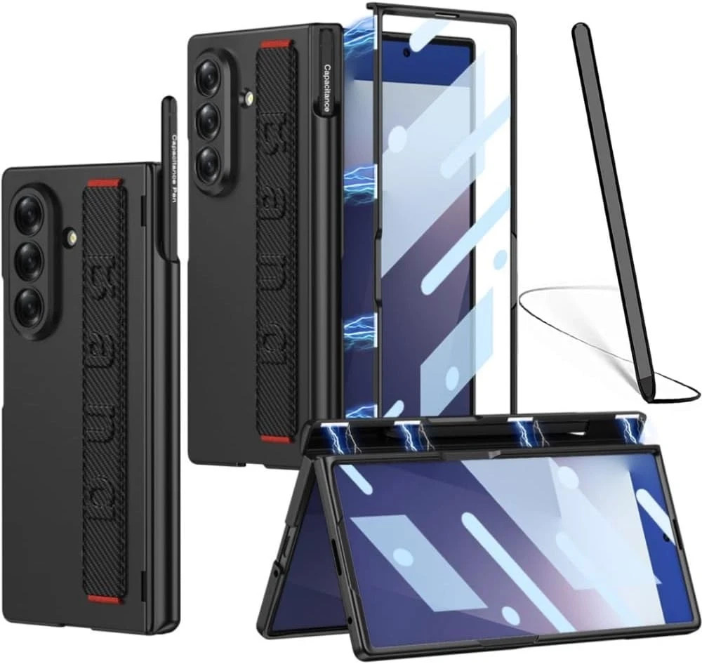 Carbon Fiber Strap for Samsung Galaxy Z Fold 7 Case with S Pen Holder & Stylus