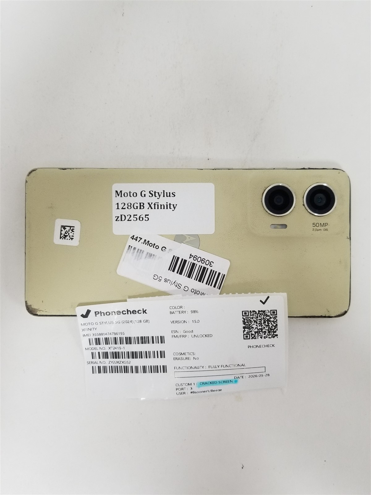 Motorola Moto GStylus 5G 2024 128GB Gold XT2419-1 (Xfinity) Damaged zD2565