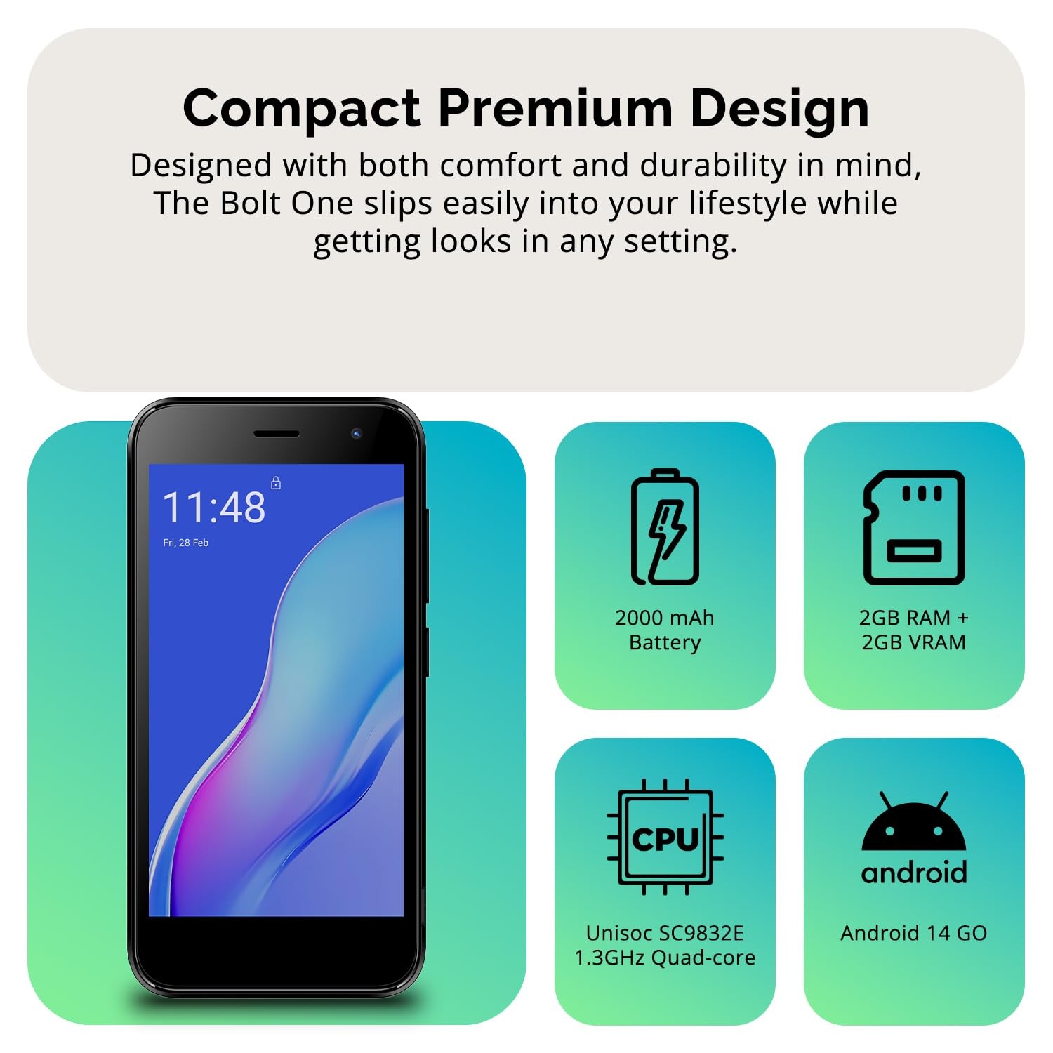 Bolt | Dual SIM | Unlocked Smartphone | Android 14 (Go Edition) | 2 Day Batte…