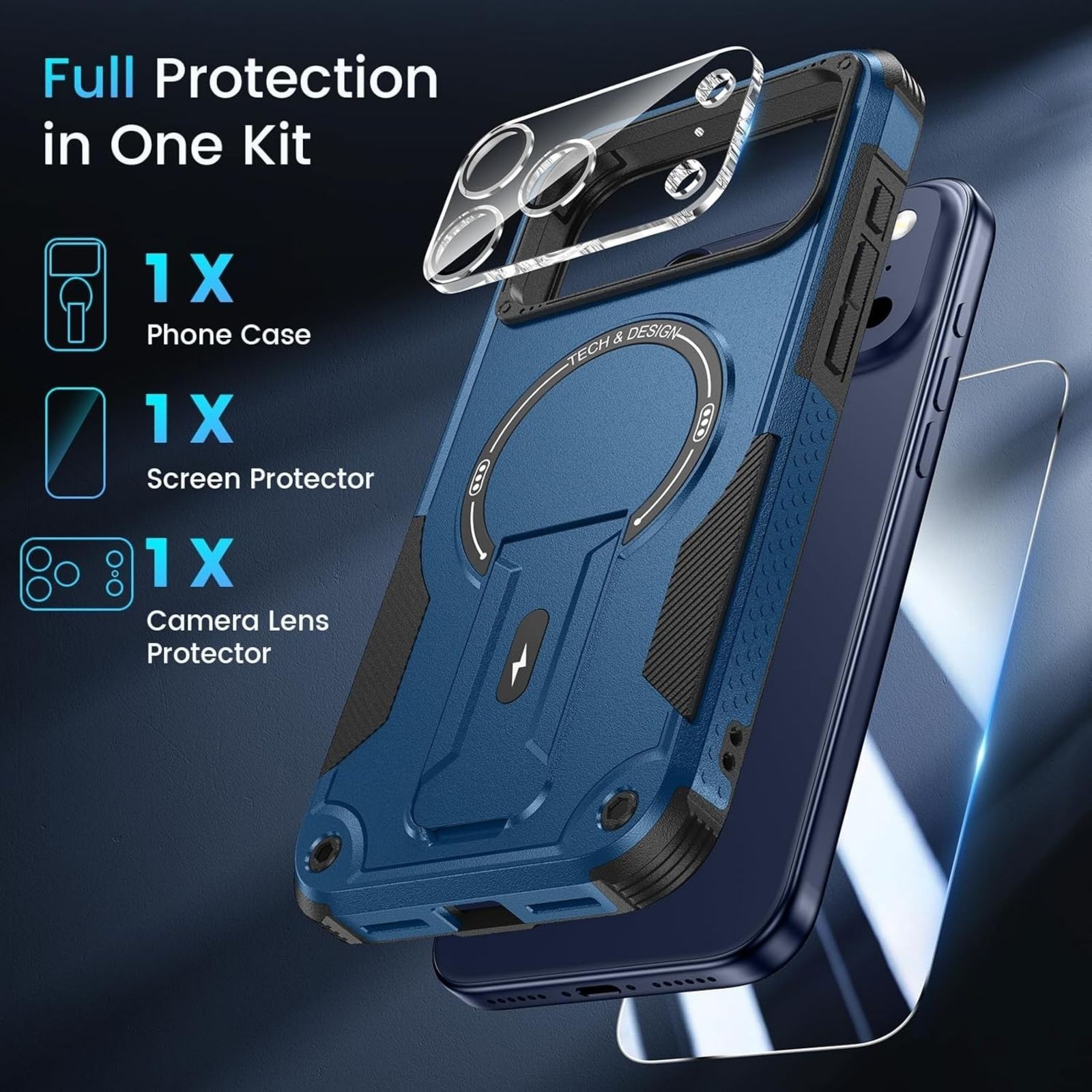 3 in 1 for iPhone 17 Pro Max Case, Invisible Kickstand, HD Screen Protector, Cam