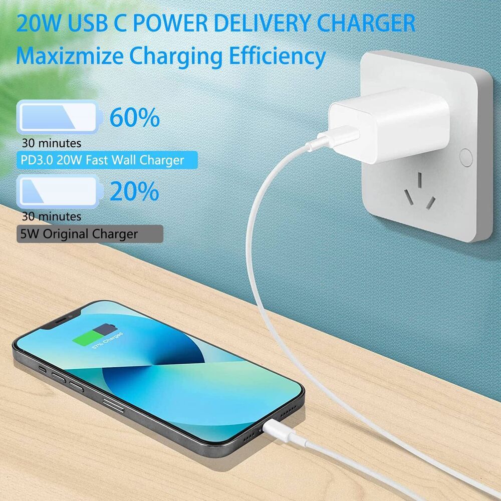 20W Fast Charging Power Adapter USB-C Cable For iPhone X 13 14 12 8 11 Pro Max