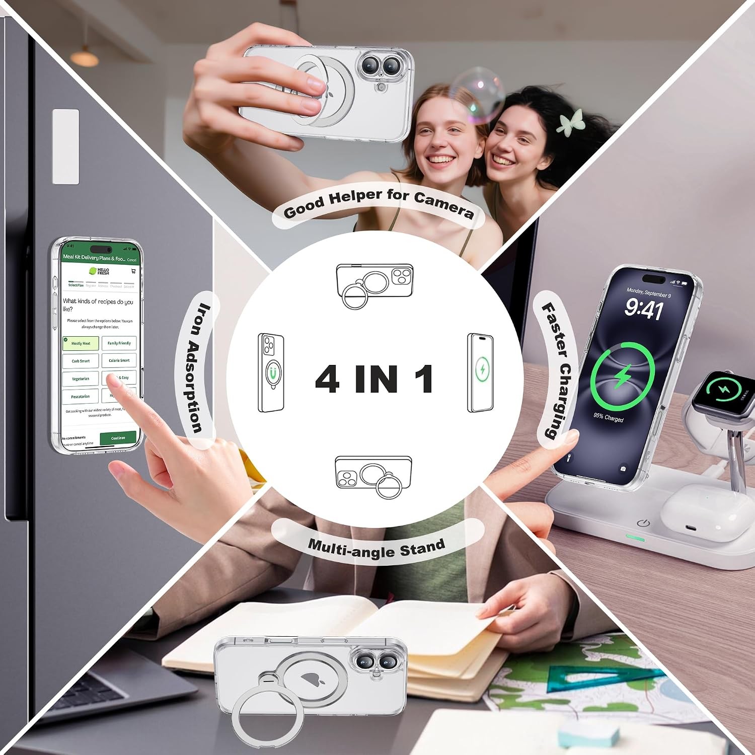 iPhone 16 Case with 360° Spin Magnetic Ring Stand Full Camera Lens Protector Cle