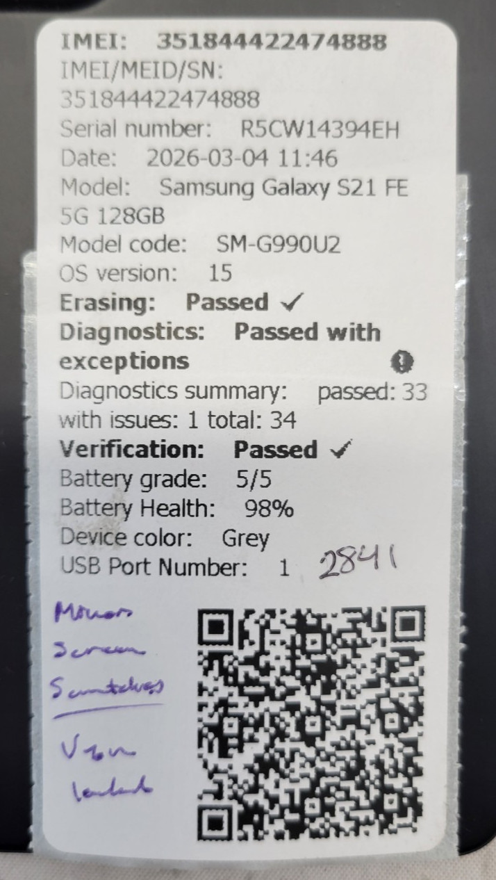 Samsung Galaxy S21 FE 5G – 128GB – SM-G990U2 – OS 15 – Scratches – VZN Locked