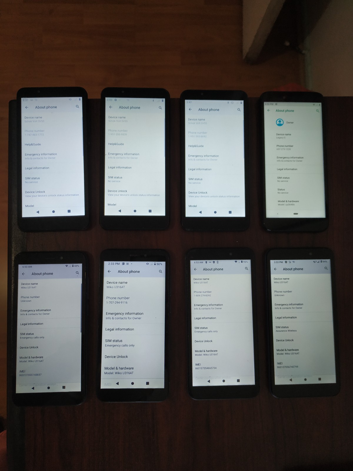 Lot of 8 Wiko U316AT (4pc)/Schok Volt SV55(3pc)/Coolpad Legacy S CP3648A 16GB