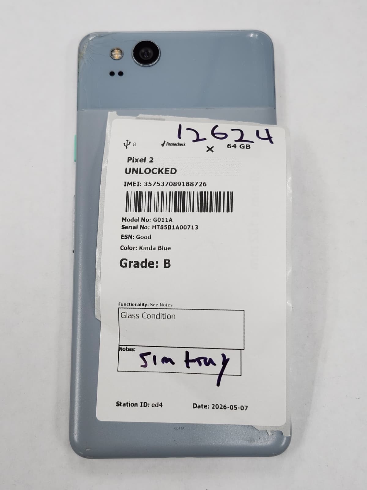 DEFECTIVE – Google Pixel 2 – 64 GB – Blue – Unlocked – G011C – 12624