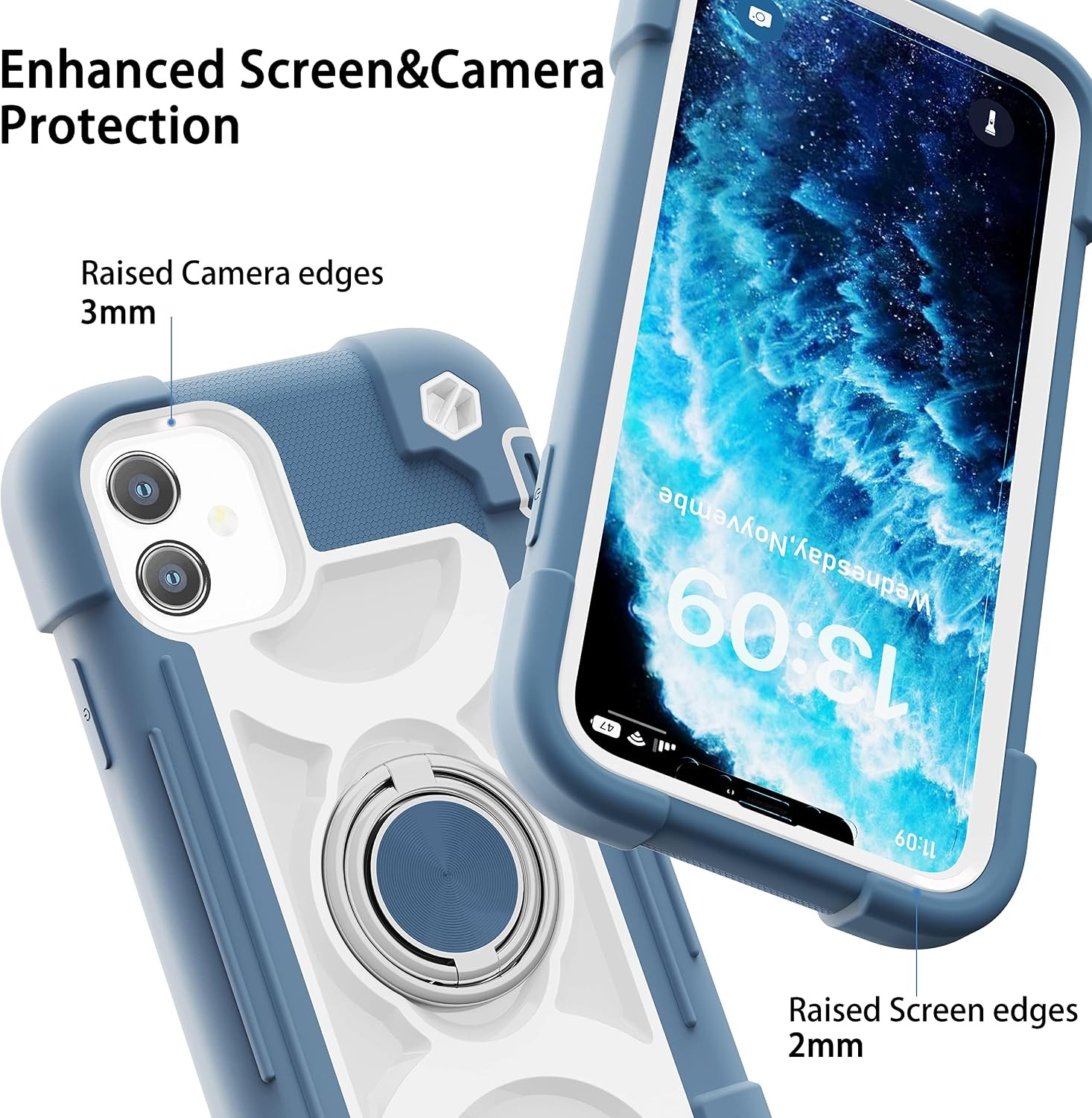 Heavy-Duty iPhone 11 Case 6.1″ with Ring Stand, 2 Glass Screen Protectors, Blue