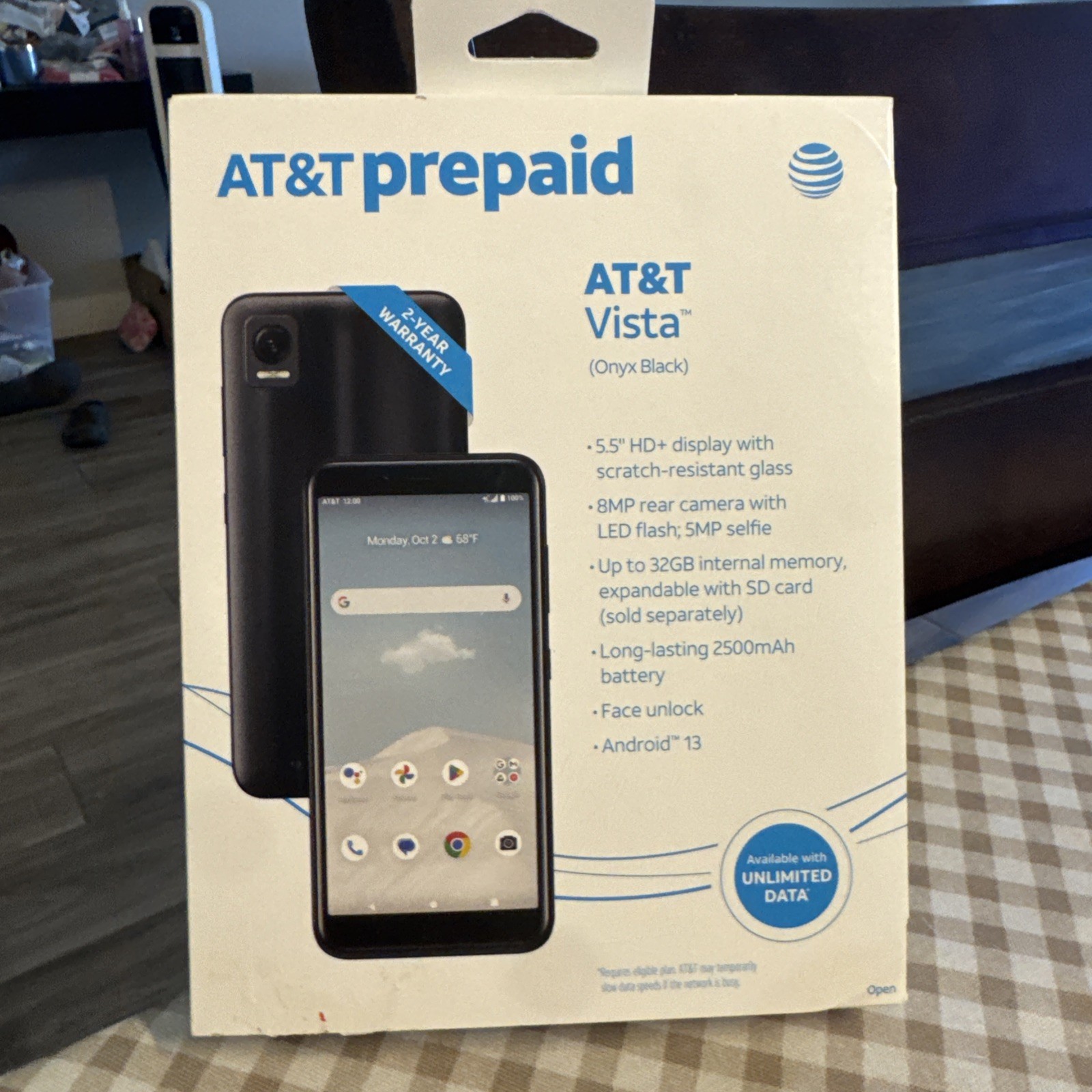 AT&T Vista Prepaid Onyx Black Smart Phone Android 13 32GB 8MP 5.5” New