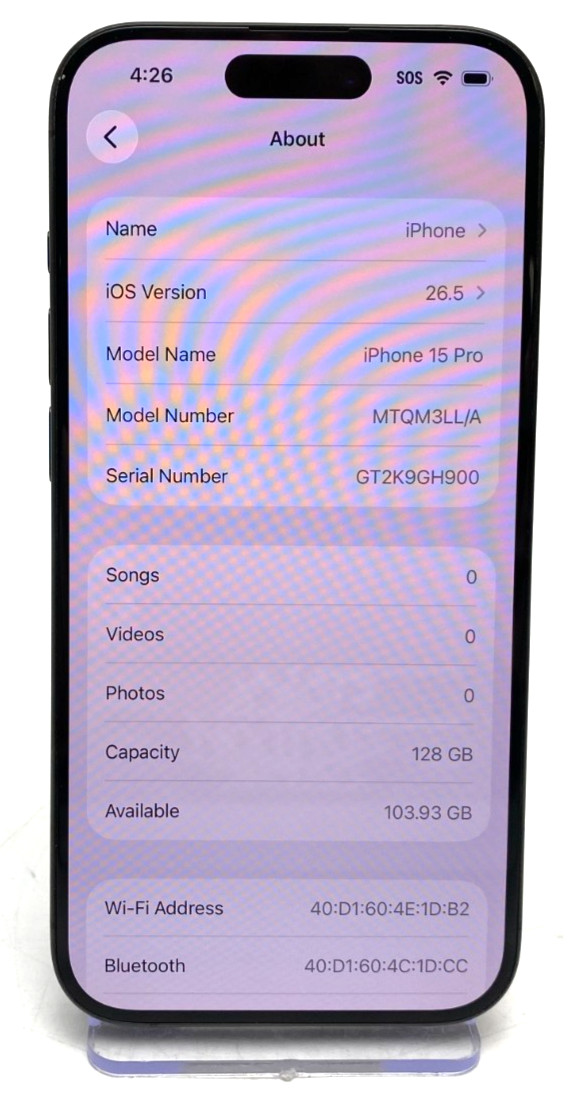 IPHONE 15 PRO A2848 128GB ~BLACK~ UNLOCKED CDMA + GSM ~MTQM3LL/A~ OS 26.5 BH 85%