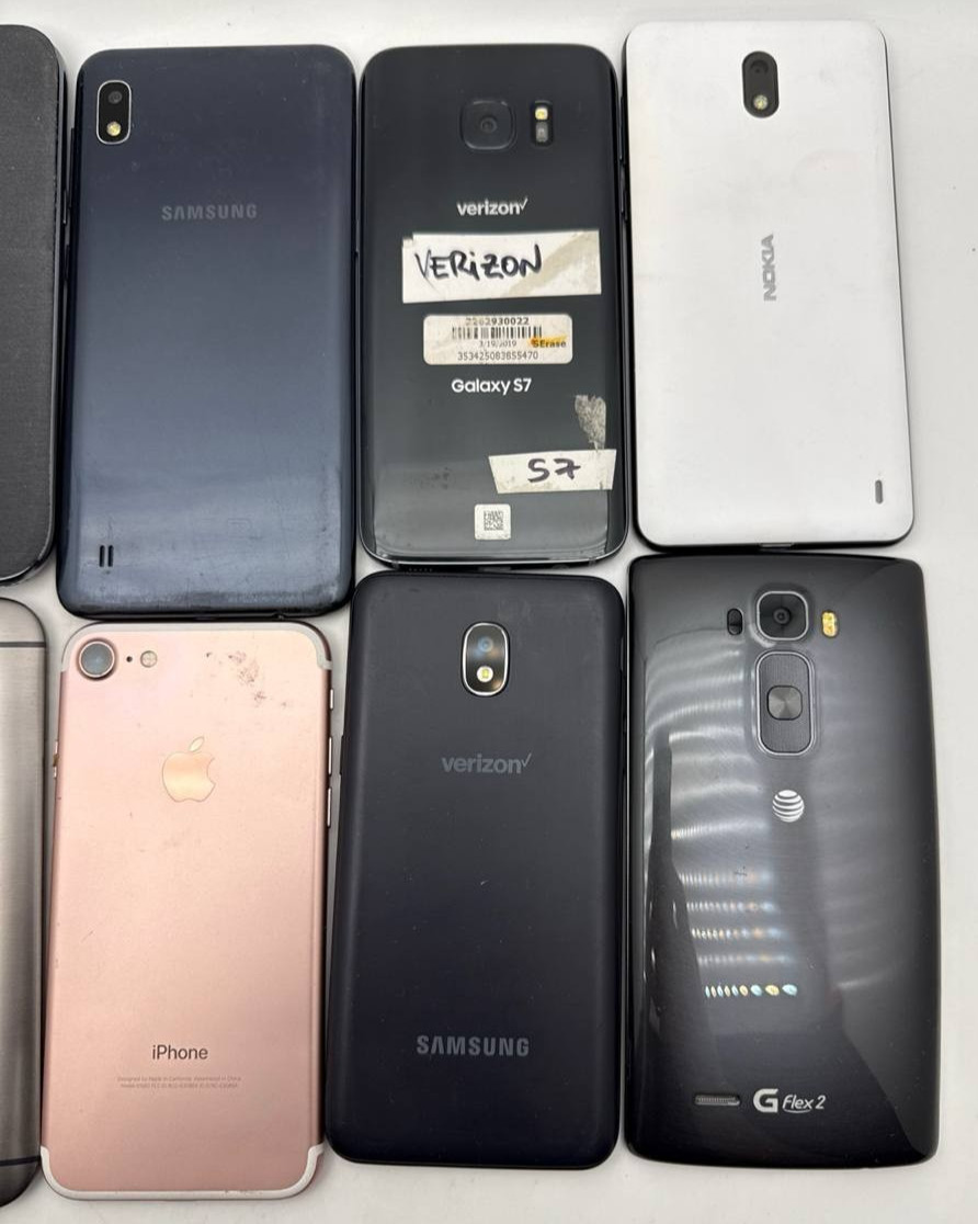 Lot of 10 Smartphones Samsung Note II S7 A10 iPhone 7 LG G Flex 2 Lumia 640XL