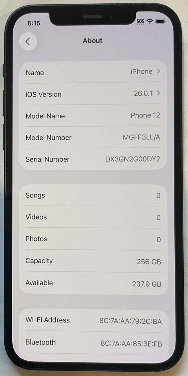 USED BLACK GSM UNLOCKED iPhone 12, 256GB A2172 MGFF3LL/A, 82% BATTERY iOS 26.0.1