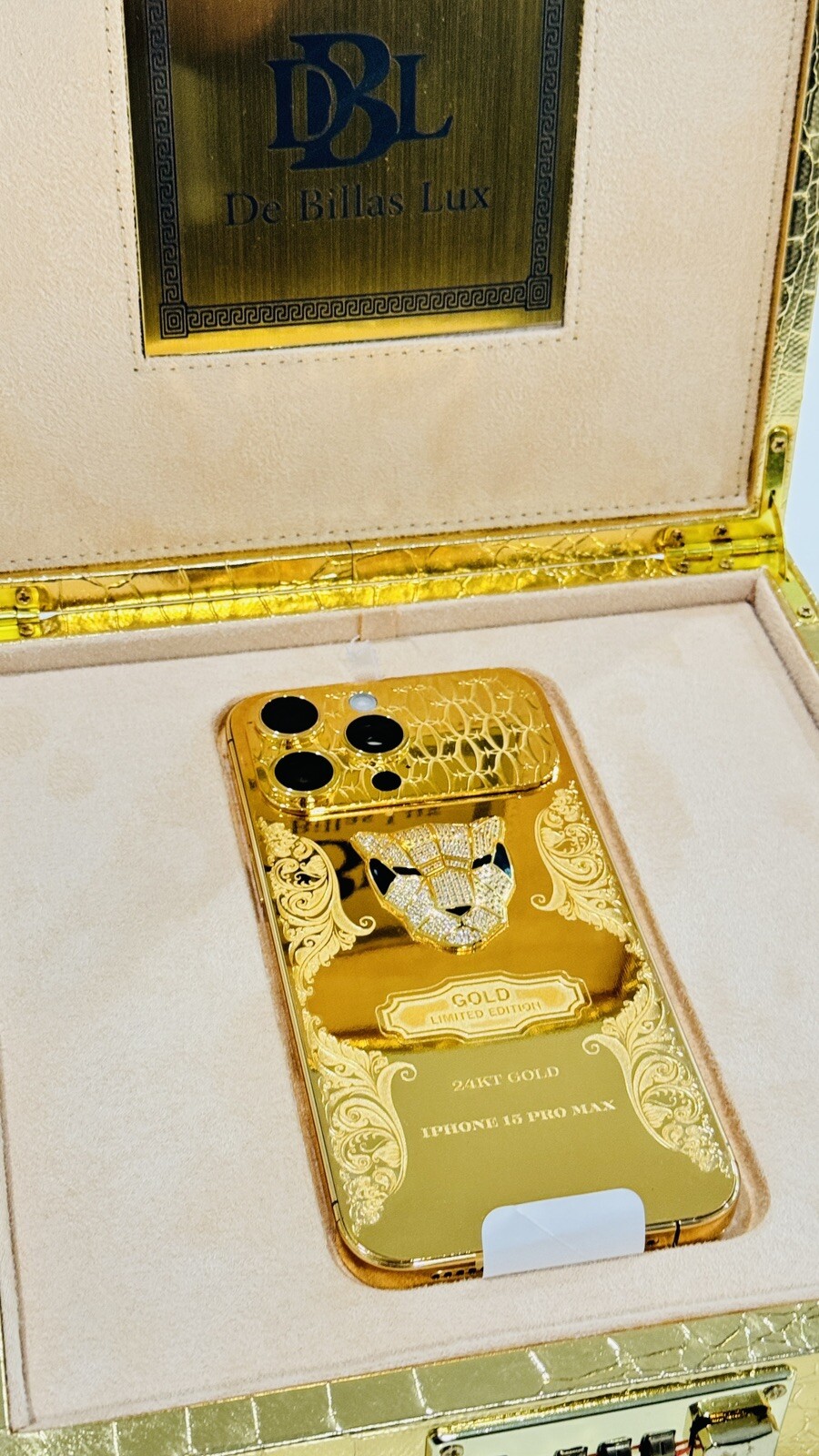 CUSTOM 24k Gold Plated Apple iPhone 15 Pro Max Engraved Diamond PANTHER 1TB