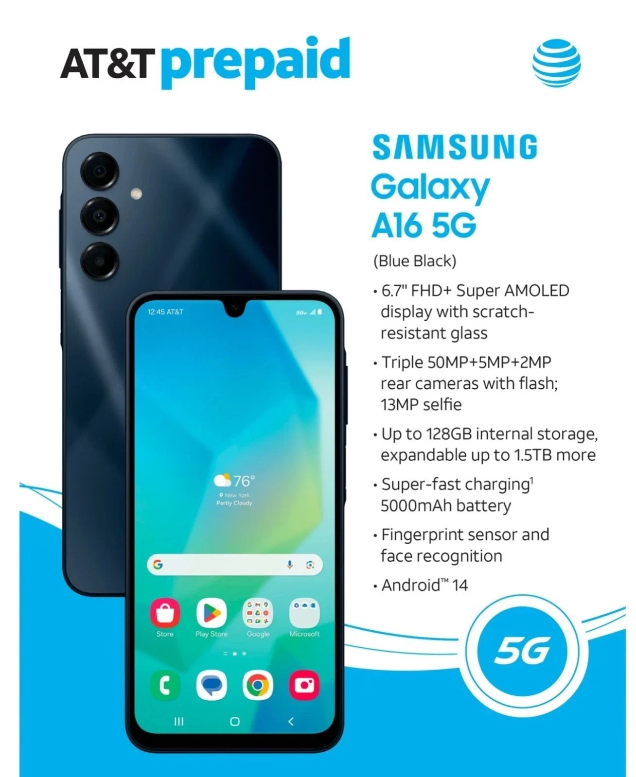 New Samsung Galaxy A16 5G 128GB SM-S166V Factory Unlocked 6.7″ 12MP – Black