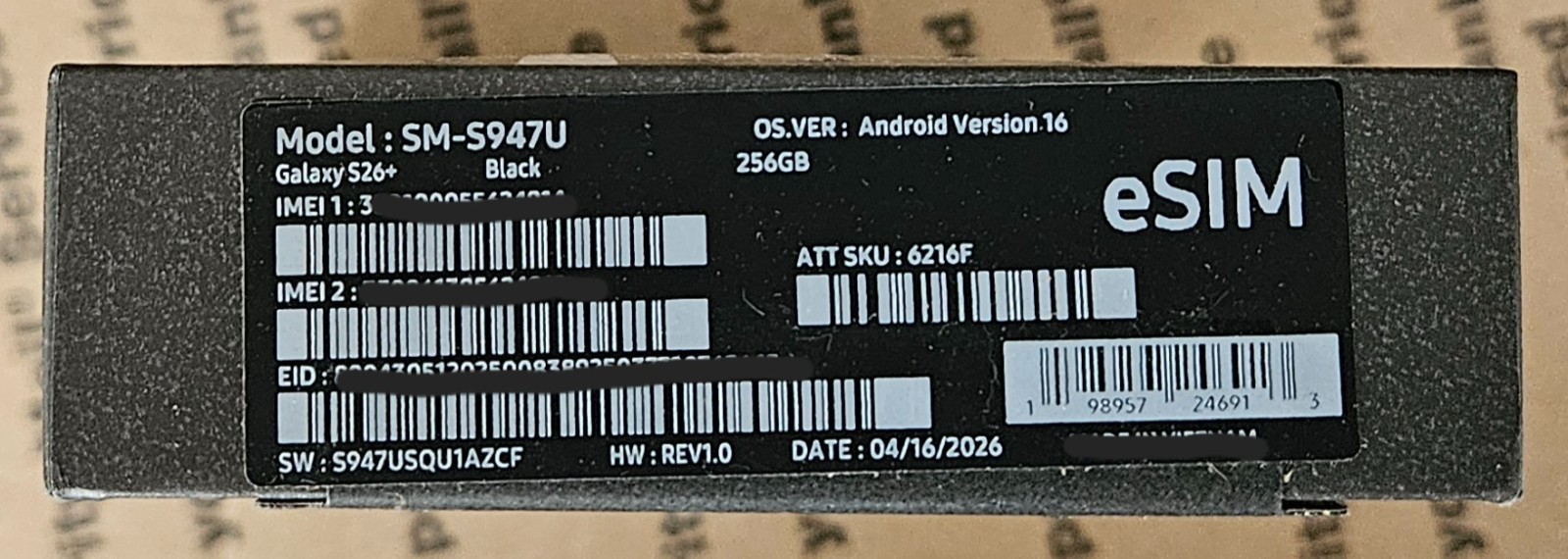 SAMSUNG GALAXY S26+ PLUS (SM S947U) – color.BLACK – AT&T. NEW(inBox) Smartphone