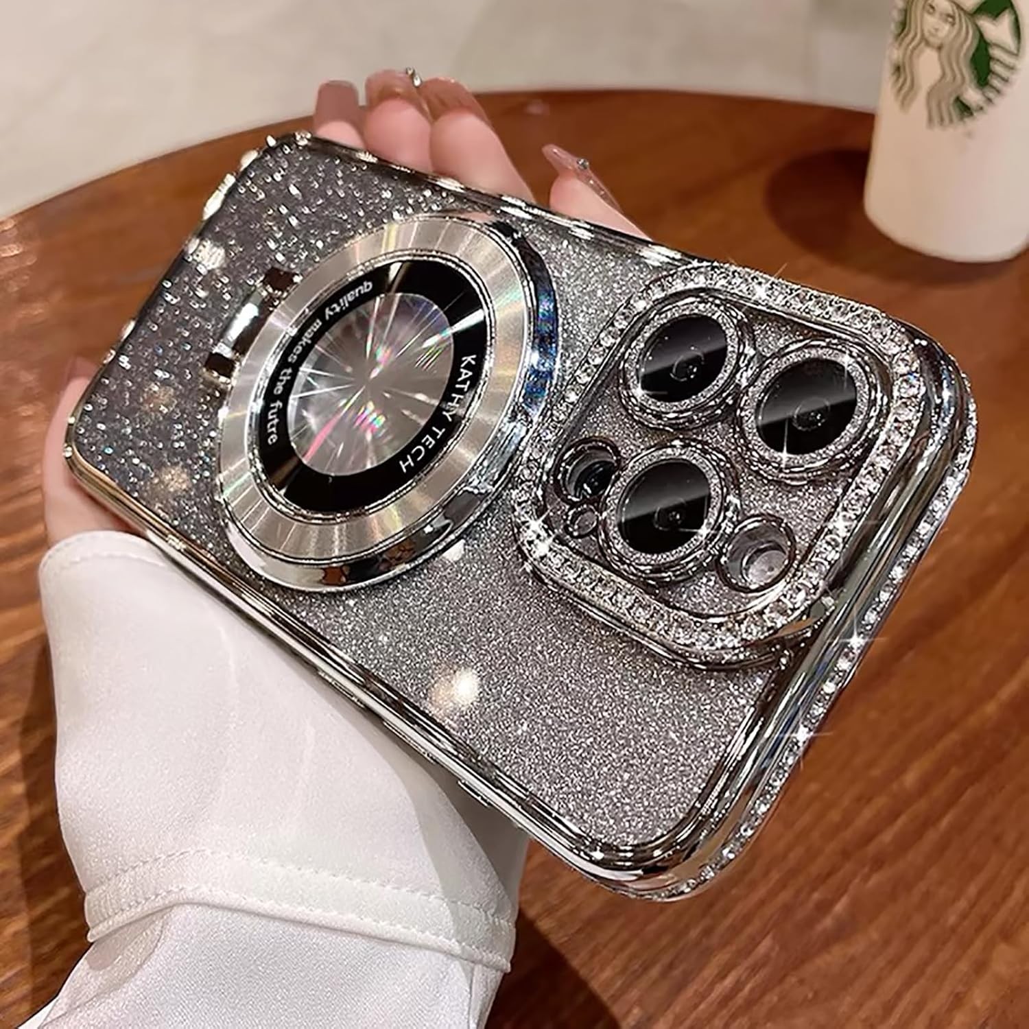 Magnetic Kickstand Case for iPhone 16 Pro Max with Glitter Lens Protector, Silve