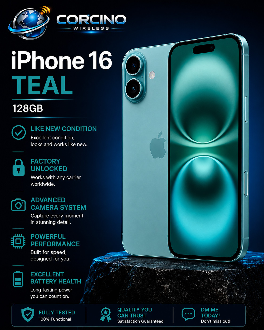 Apple iPhone 16 128GB A3081 Unlocked Excellent Condition Teal