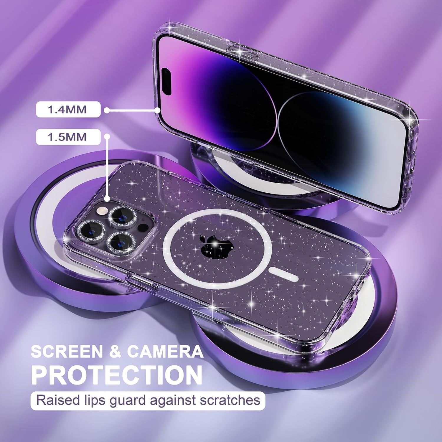 [3+2 PCS] Magnetic Case & Screen Protectors for iPhone 14 Pro Max Glitter Clear
