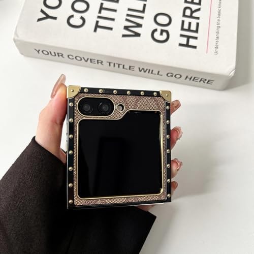 Phone Case for Samsung Galaxy Z Flip 6 Golden PU Leather Shockproof (Khaki) TPU