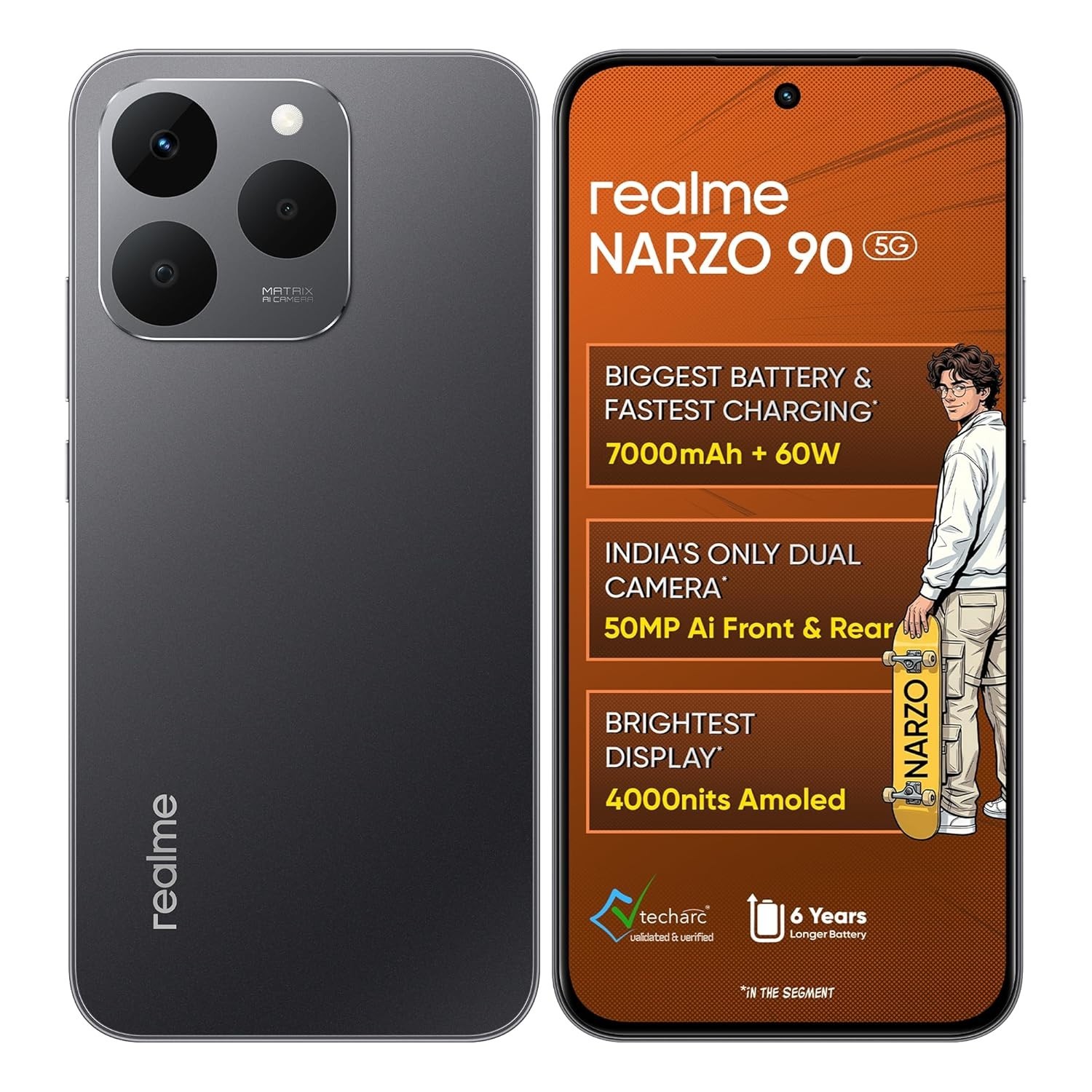 realme NARZO 90 5G (Carbon Black, 8GB+128GB) | 7000mAh Biggest Battery IP69 Dust