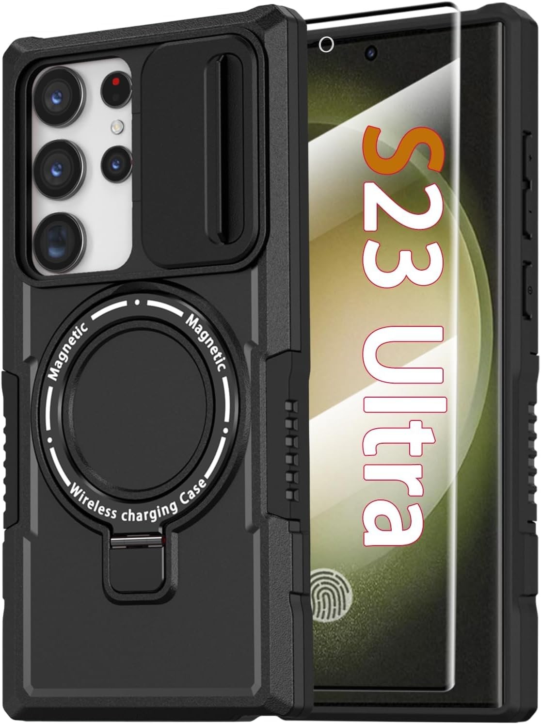 Samsung Galaxy S23 Ultra Magnetic Case with Ring Stand, Heavy Duty Rugged Black