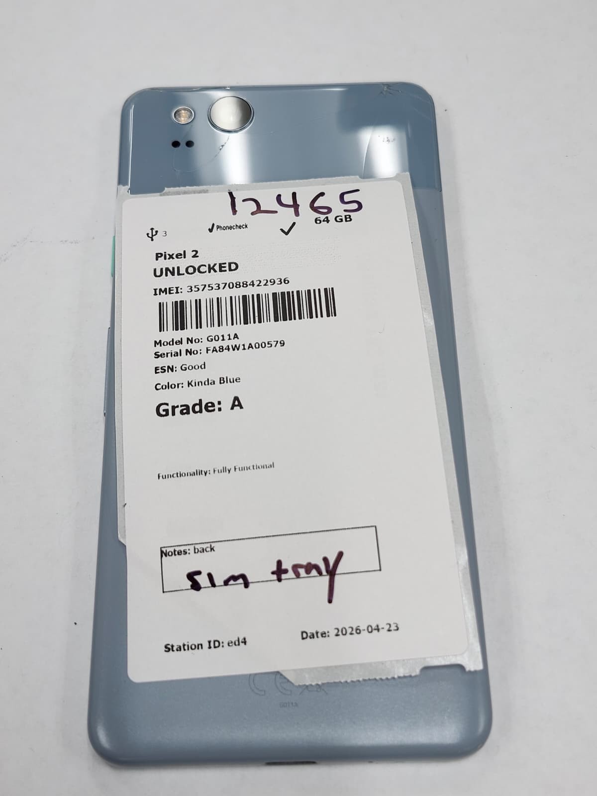 DEFECTIVE – Google Pixel 2 – 64 GB – Blue – Unlocked – G011C – 12465