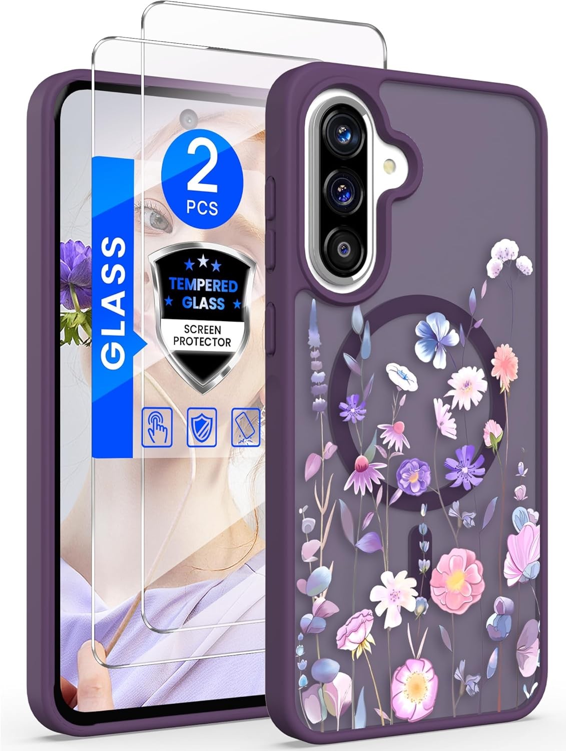 Samsung Galaxy A36 5G 6.7 inch Floral Phone Case with 2X Screen Protector, Deep