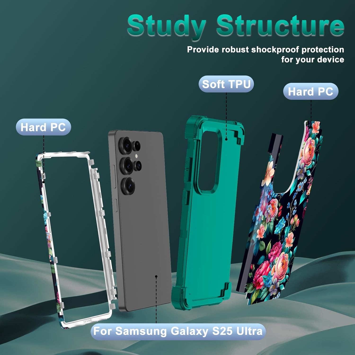 Galaxy S25 Ultra Case Floral Three Layer Heavy Duty Drop Shockproof Glows