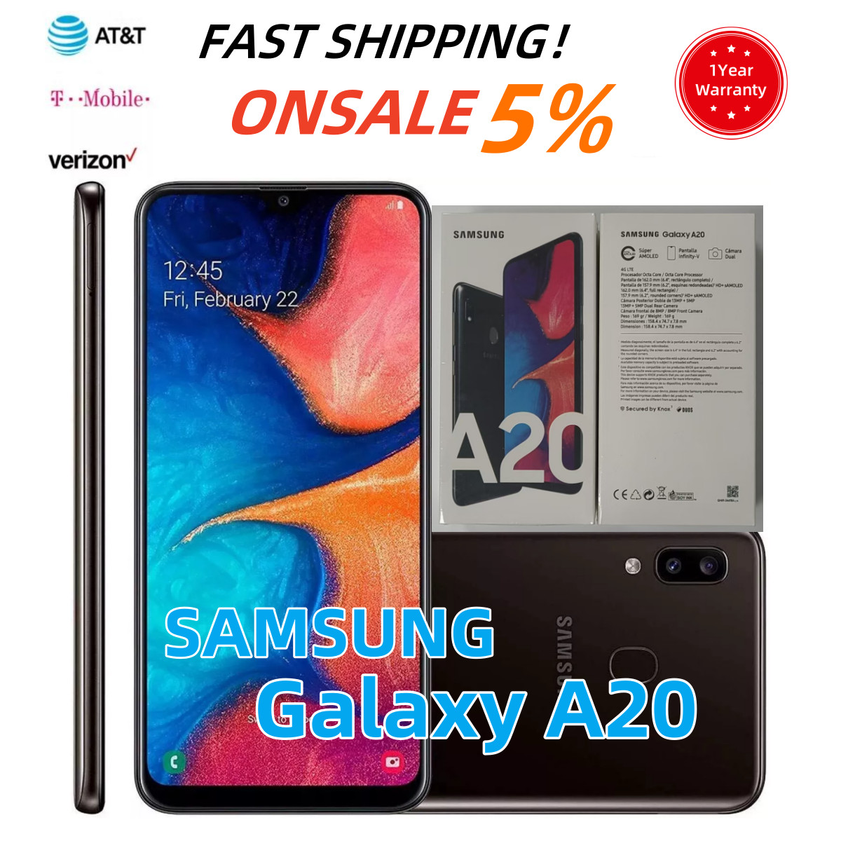 Brand New✨Samsung Galaxy A20✨SM-A205U 32GB+ 3GB Black 6.4″ Unlocked Smartphone