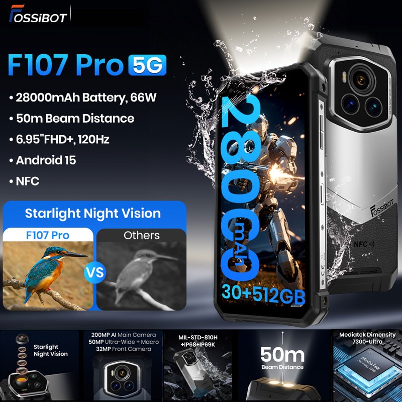 FOSSiBOT F107 PRO 5G Rugged Phone Android Starlight Night Vision 512GB 28000mAh