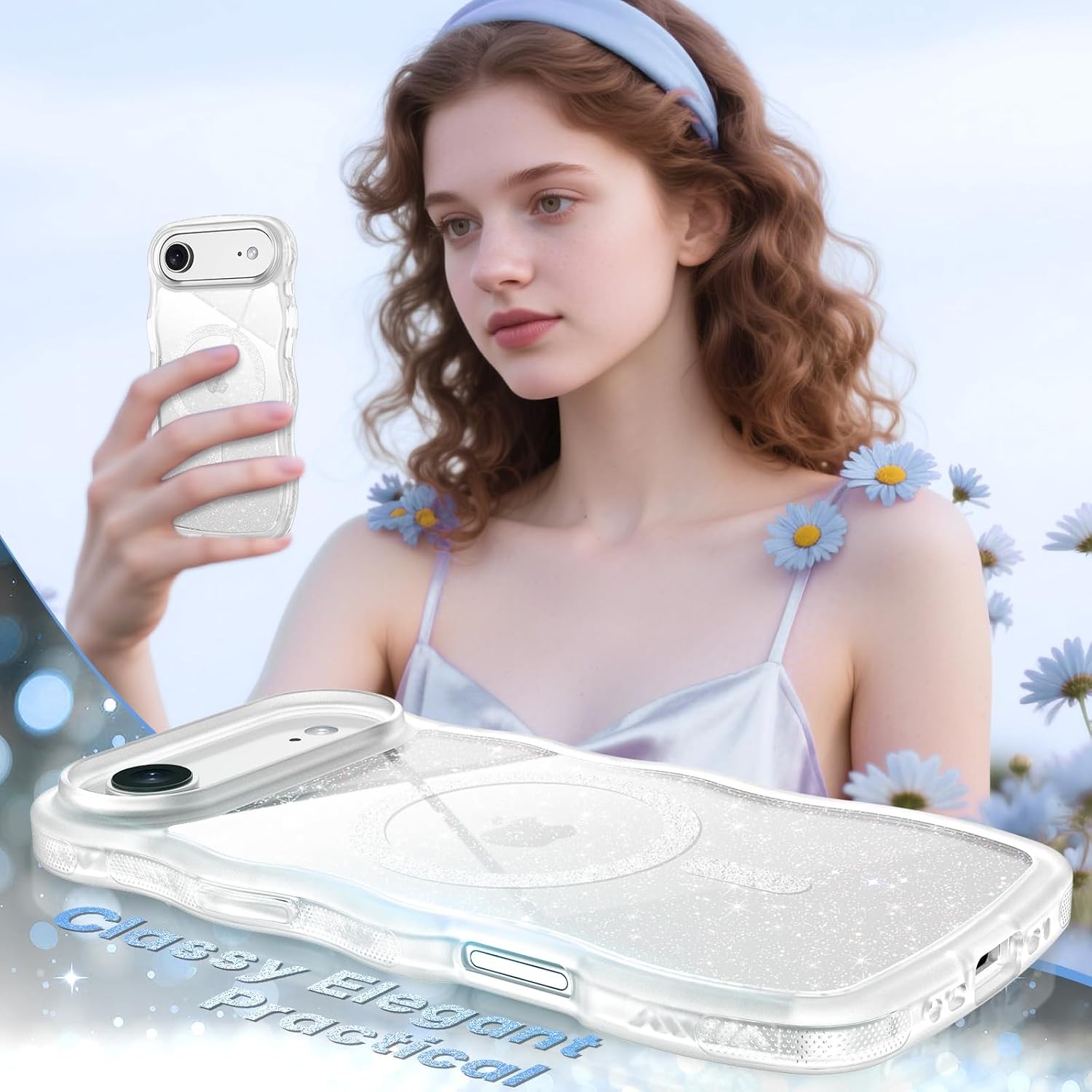 Magnetic for iPhone Air Case Clear Glitter, Cute Curly Wave Frame 17 Air Phone C
