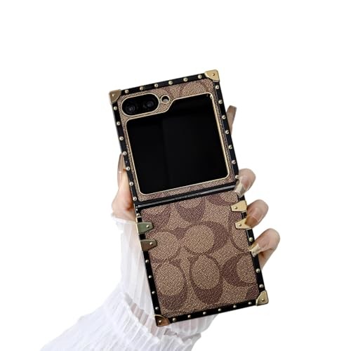 Phone Case for Samsung Galaxy Z Flip 6 Golden PU Leather Shockproof (Khaki) TPU