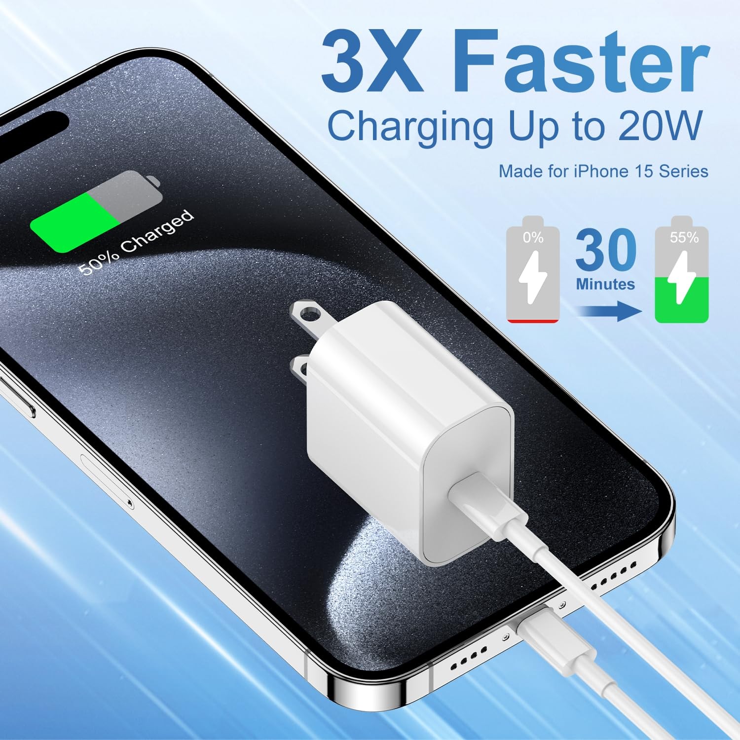 iPhone 17 16 15 Fast Charger and 10ft Type C to C Cable Cord Long, 20W USB C Plu