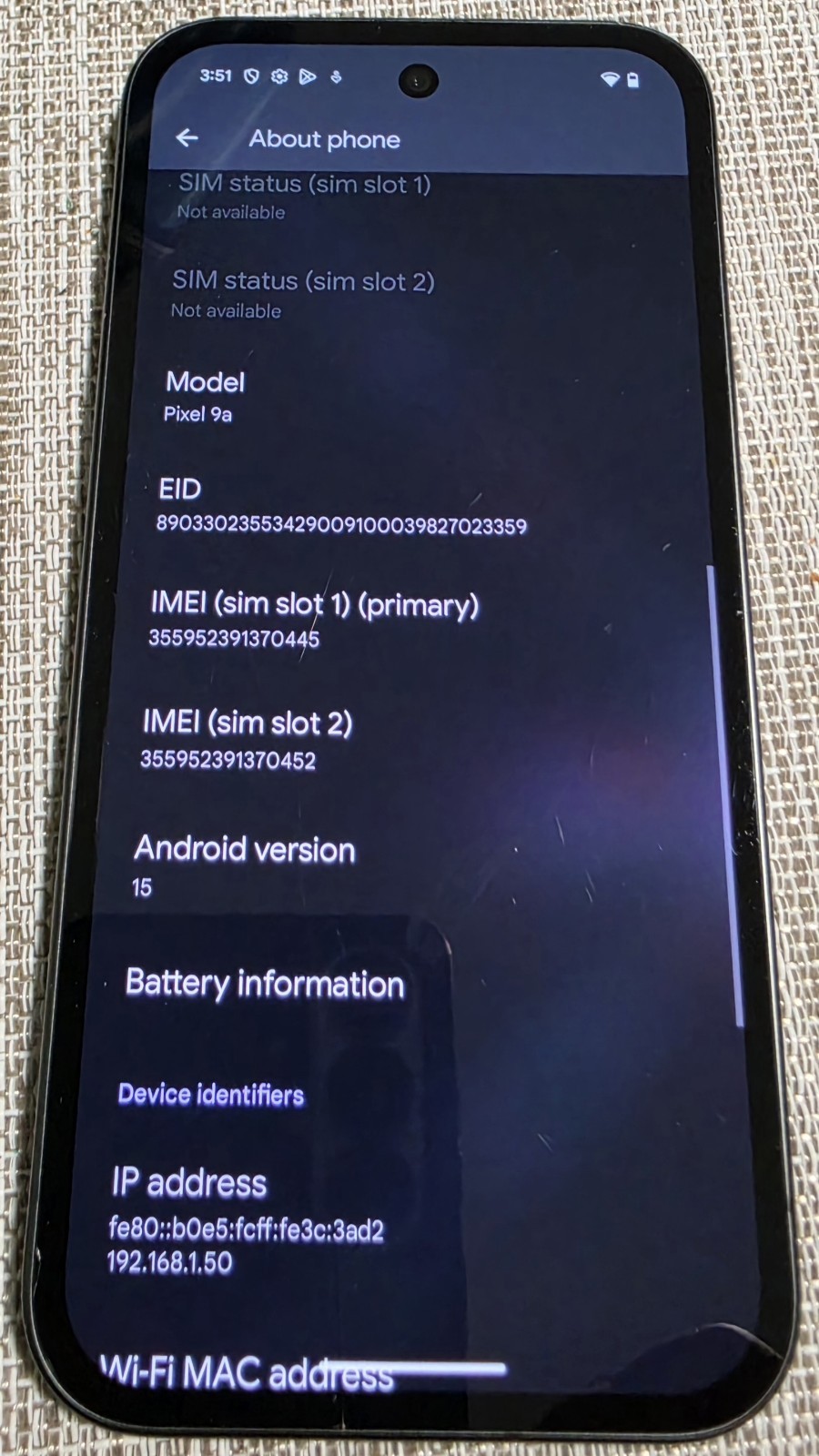 Google Pixel 9a – 128 GB – Obsidian (Unlocked) – READ