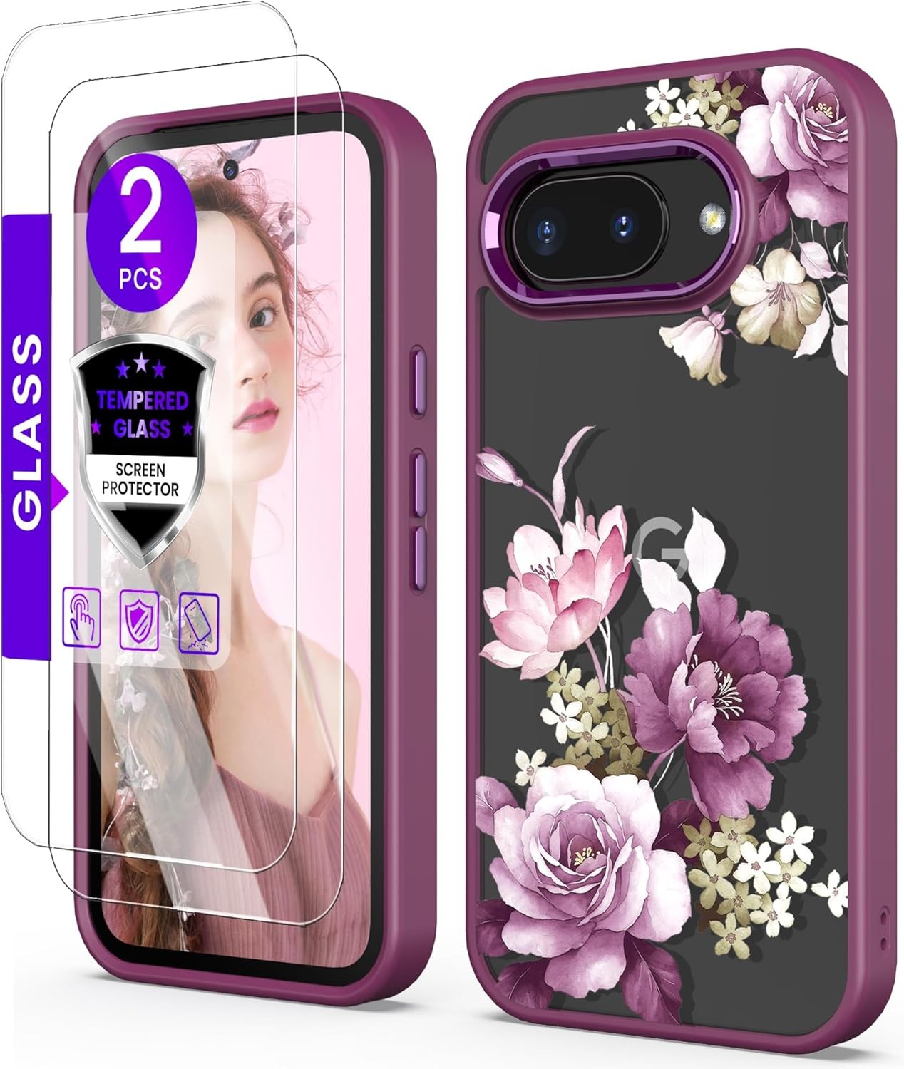 Google Pixel 9A Case + Tempered Glass Screen Protector, Slim Soft TPU & Hard PC