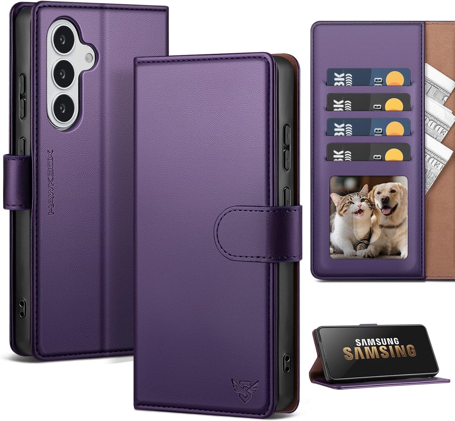 Dark Purple Wallet Case for Samsung Galaxy A25 5G, RFID Blocking, Card Holder