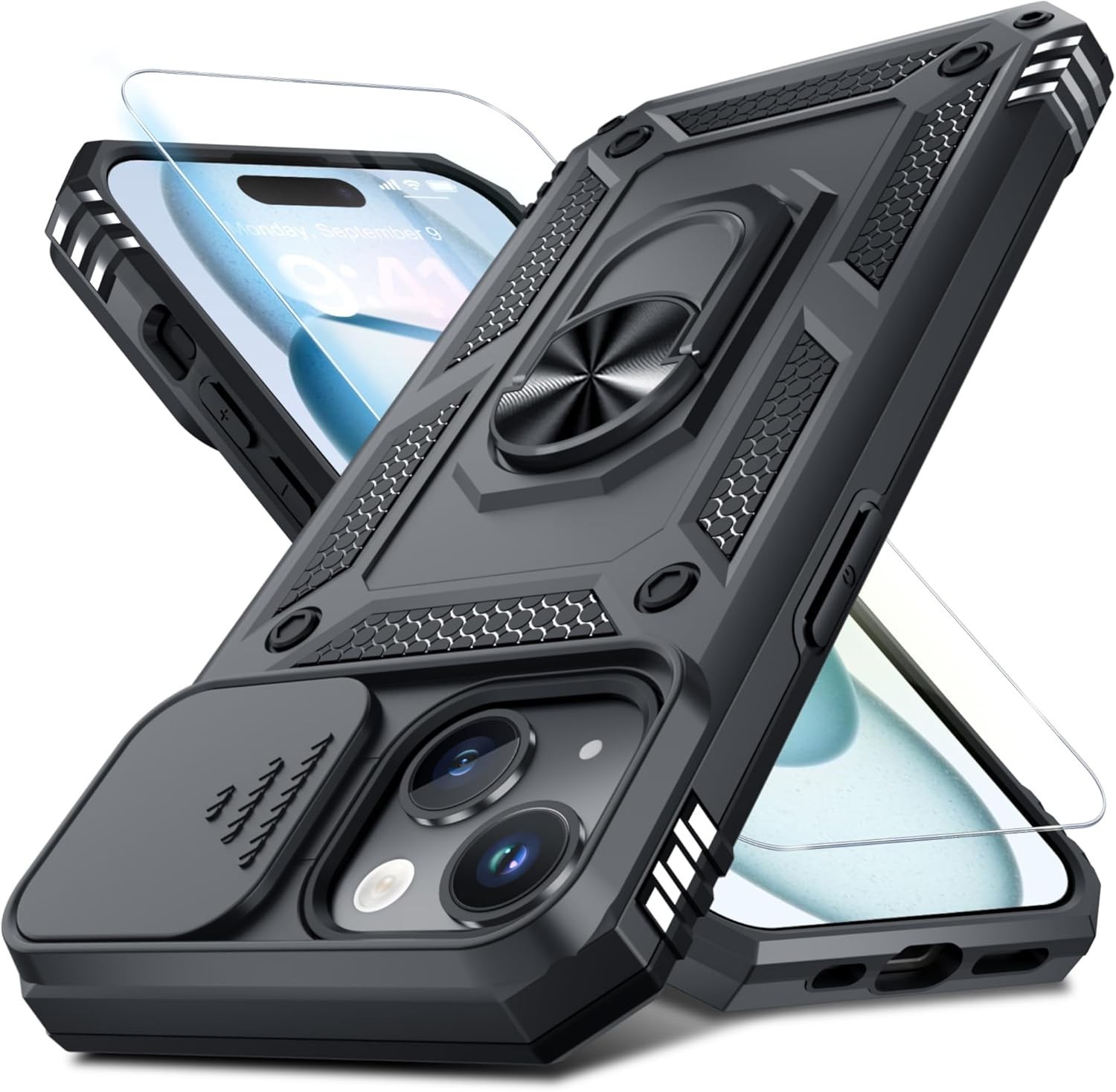 Case & Screen Protector for iPhone 15 Heavy Duty Shockproof Full Body Black