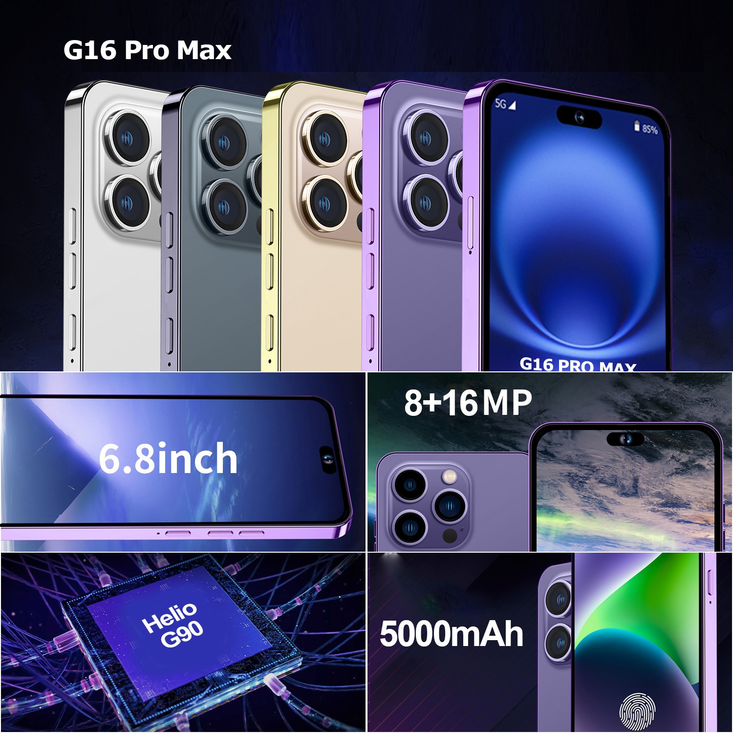 16 Pro Max 5G 128GB Unlocked Cell Phone Smartphone Android Cheap Phone 5000mAh