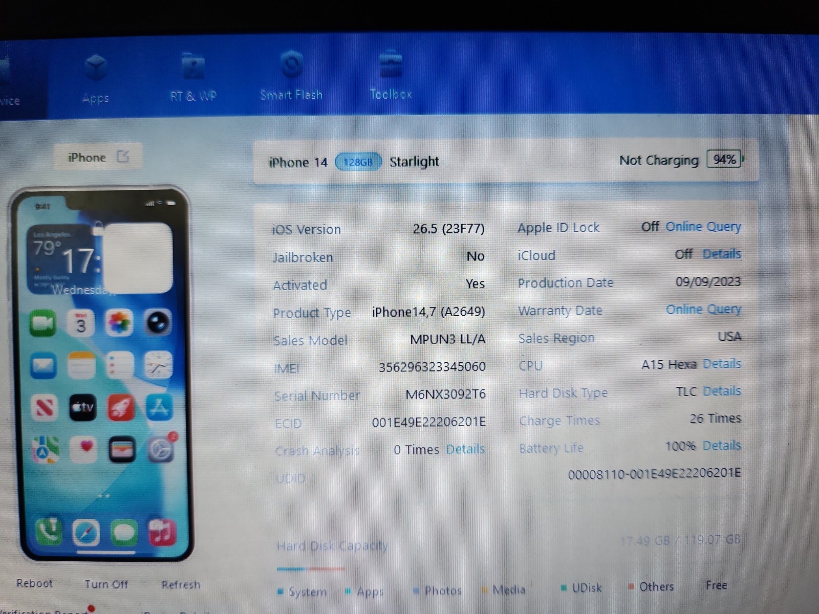 Apple iPhone 14 eSIM 128GB Starlight Unlocked Clean IMEI BH=100% charged 26 time