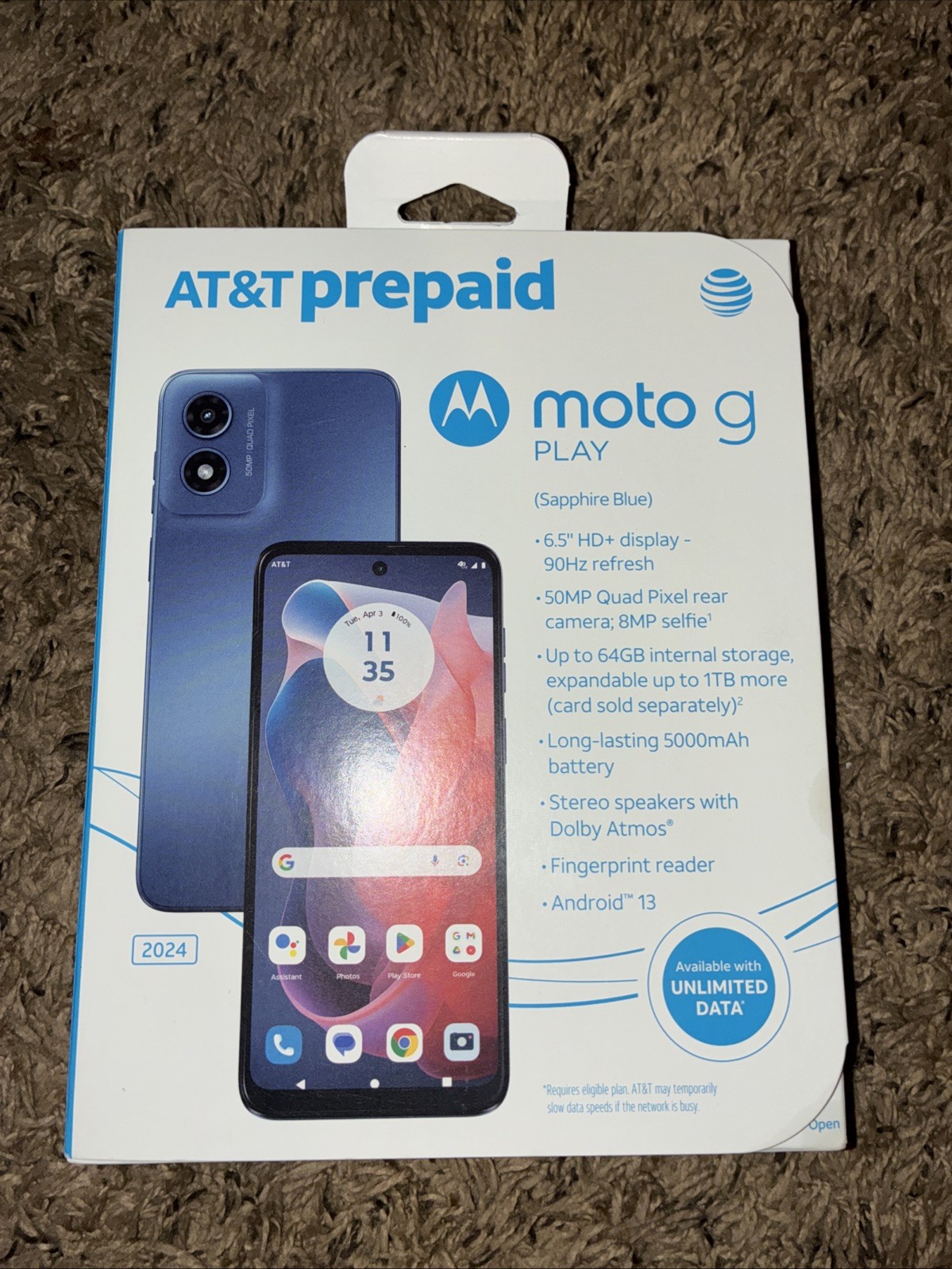 New & Sealed – Motorola Moto G Play (2024) Blue At&t Prepaid Smartphone 64GB