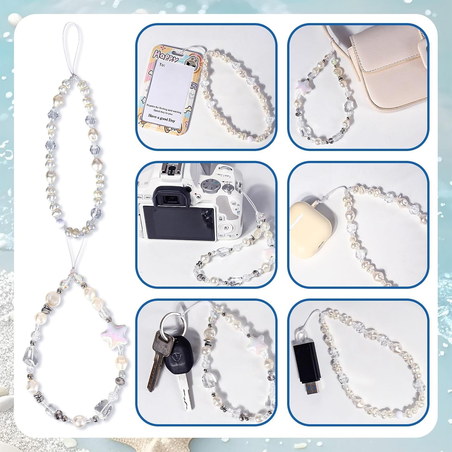 2pcs Beaded Camera Wrist Strap Cute White Phone Charm Pearl Bracelet Keychain De