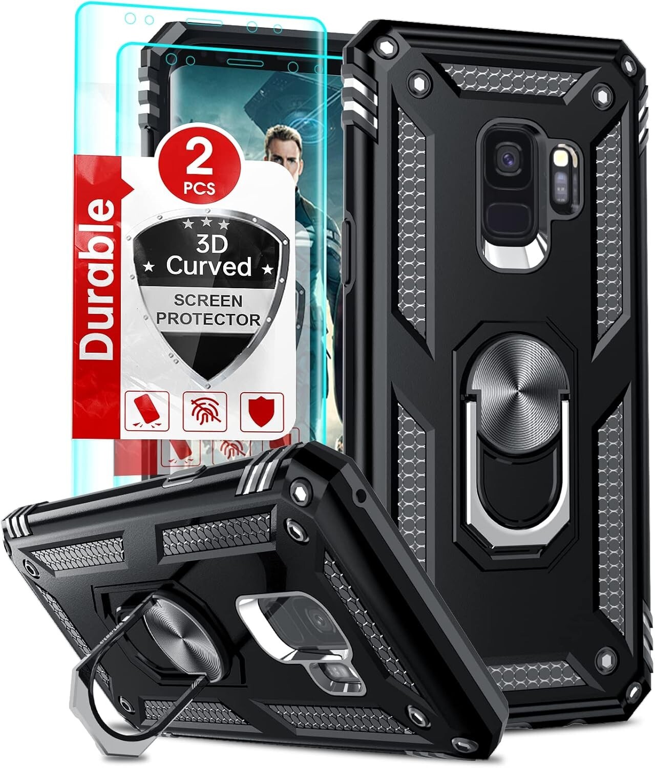 For Samsung Galaxy S9 Case with 3D Curved Screen Protector 2 Pack, Cover Stand