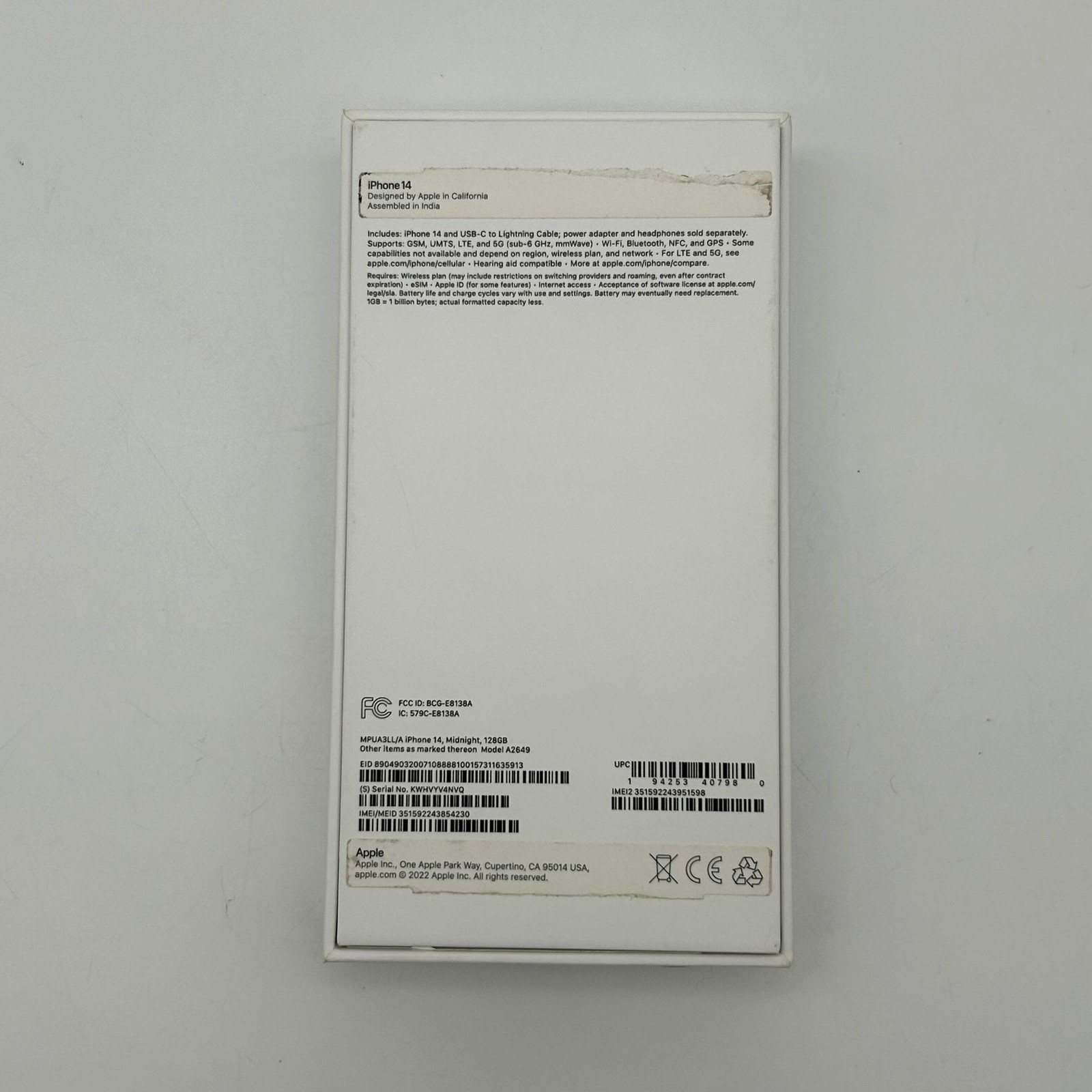 Apple iPhone 14 – 128 GB – A2649 – Midnight (Unlocked) – 85% BH