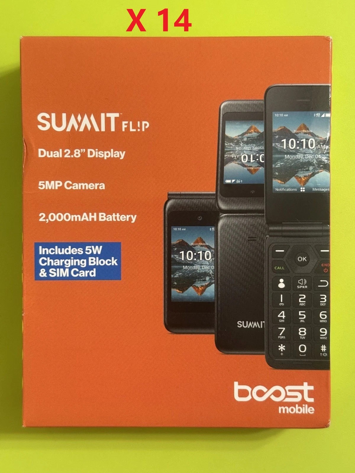 Lot of 14 Boost Mobile Prepaid Summit Flip Phone, 8GB Black, New Sealed