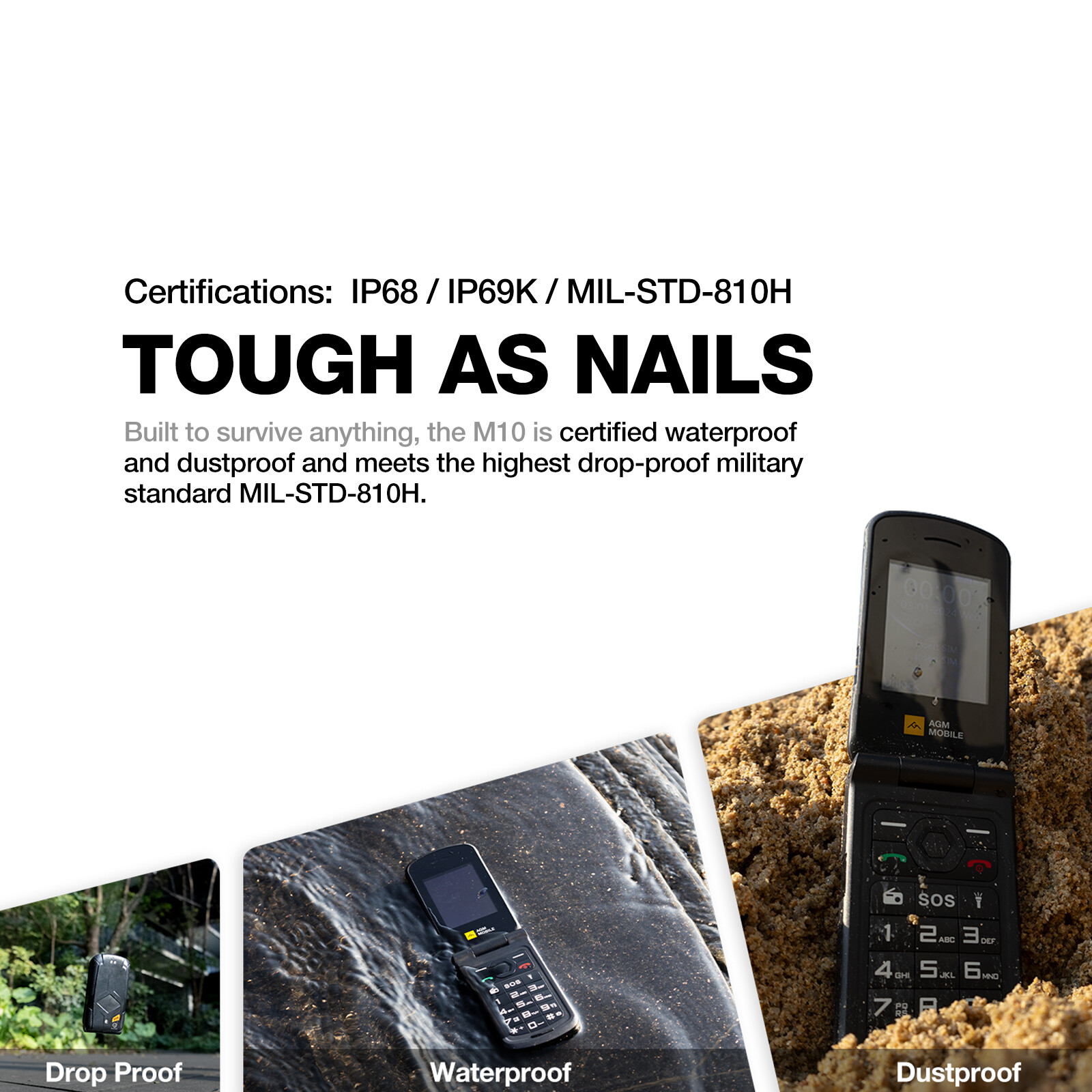 AGM M10 Rugged Basic Flip Phone Waterproof 4G Feature Phone SOS Button DropProof