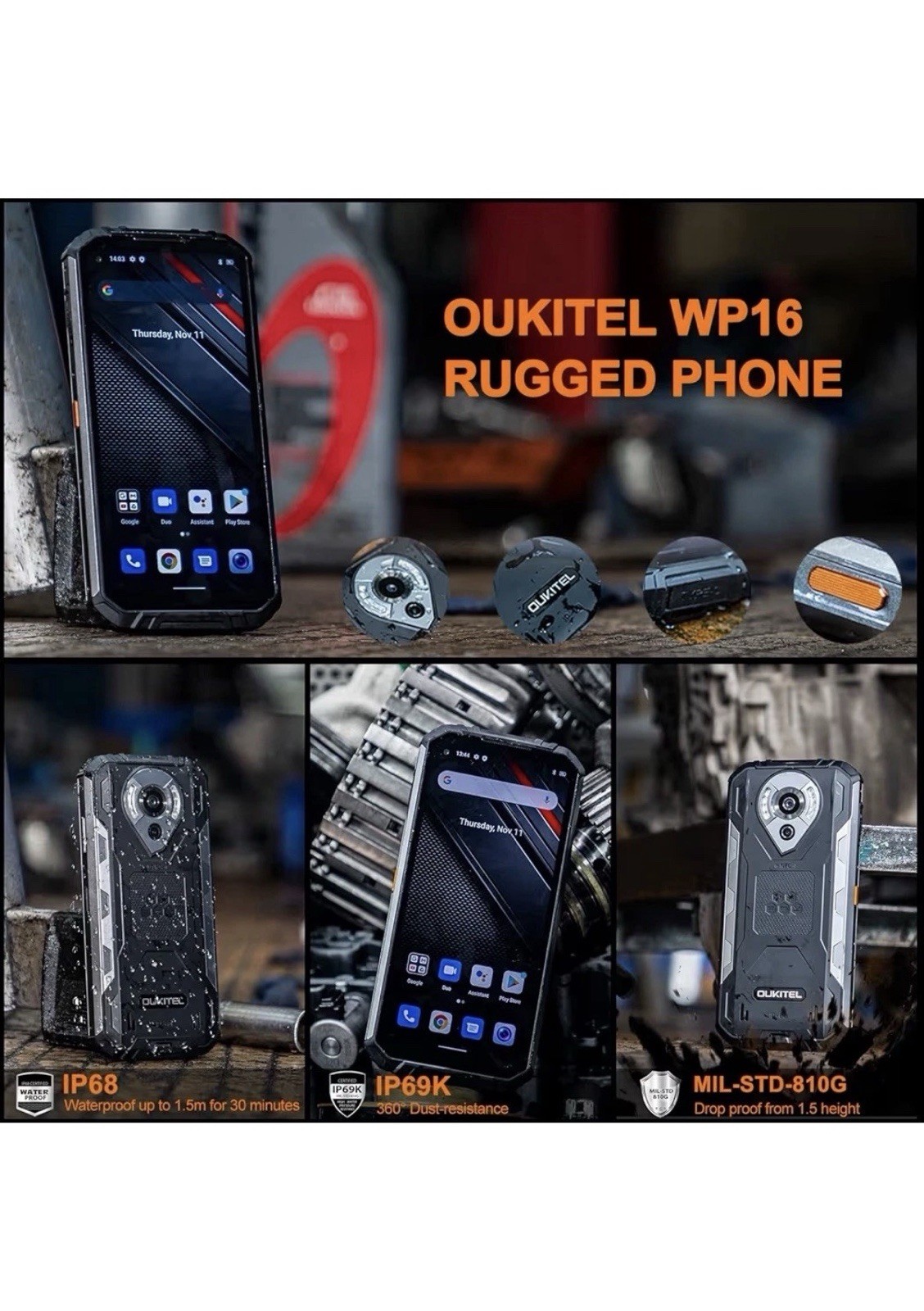 OUKITEL WP16 Rugged Smartphone 10600mAh 128GB+8GB IP68 NFC GPS Unlocked Black Uk