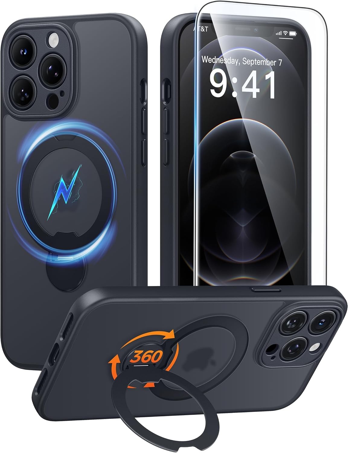 iPhone 12 Pro-Max Case: [360 Spin Magnetic Stand] [Screen Protector] Black Cover
