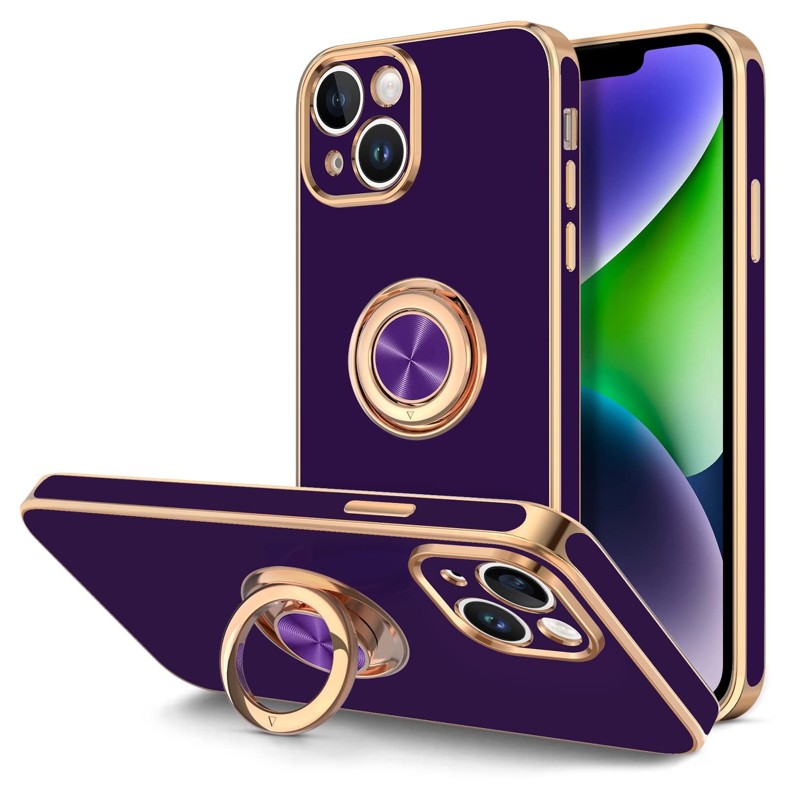 Black Soft TPU Luxury Shockproof iPhone 14 Plus Case with 360° Rotatable Ring St